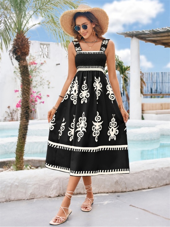 Ronge Dresses & Skirts - Printed Square Neck Wide Strap Midi Dress